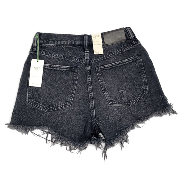 AE77‎ The High Rise Cut-Off Denim Shorts Black Size 26 Chewed Raw Hem Y2K - Picture 2 of 4